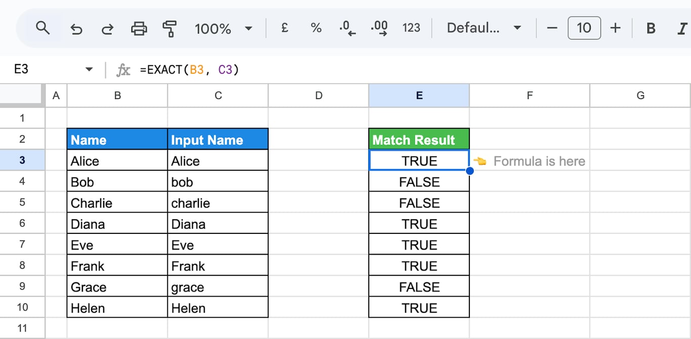 Case-Sensitive Name Comparison using EXACT function. i-border