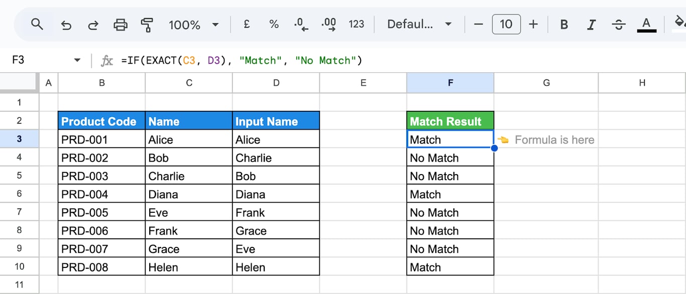 Match Names using EXACT with IF functions. i-border