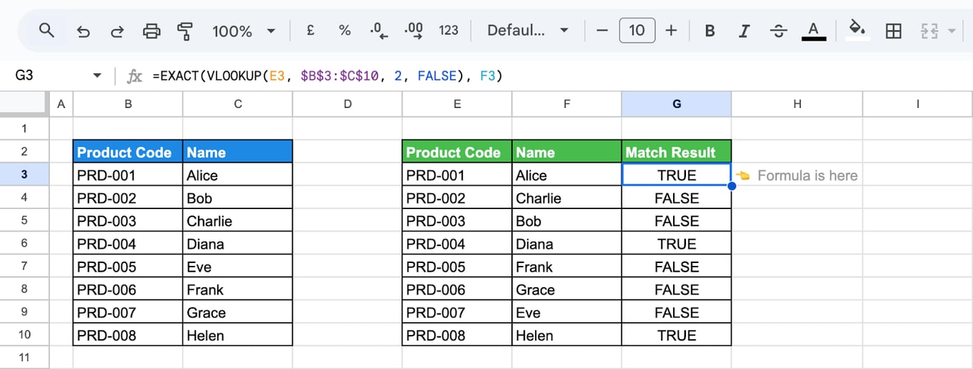 Product Name Match Using EXACT and VLOOKUP functions. i-border