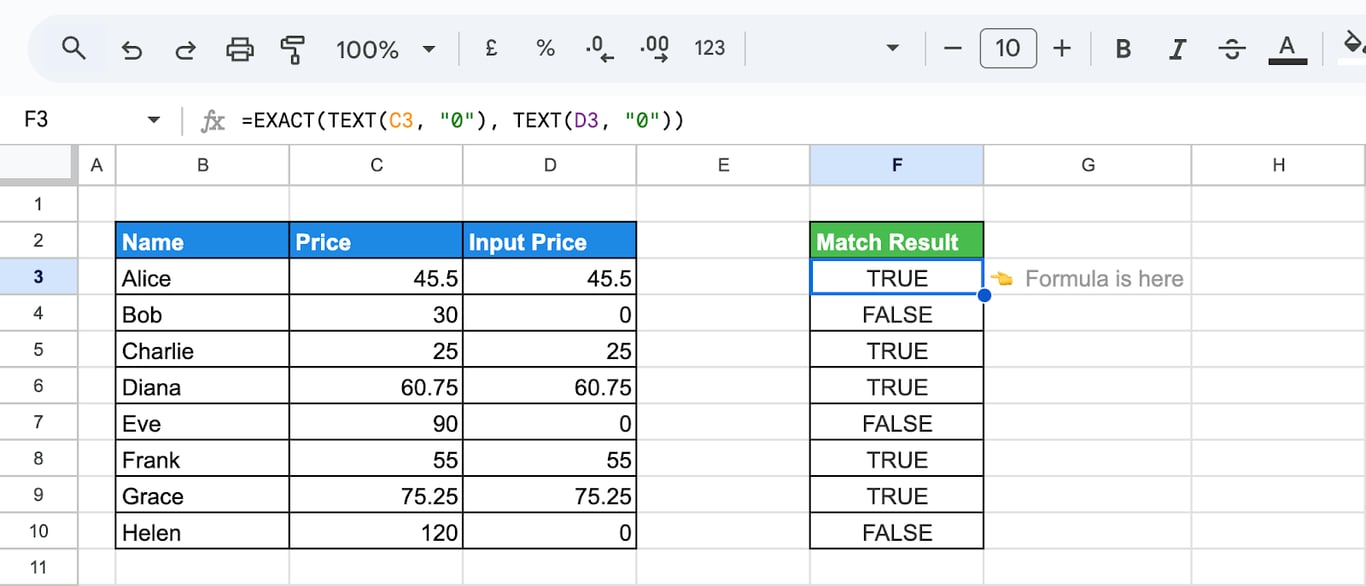 Matching Price Inputs with EXACT and TEXT functions. i-border