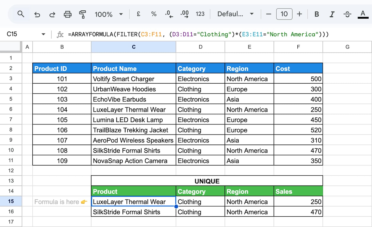 Demonstrating dynamic filtering of data in Google Sheets using ARRAYFORMULA and the FILTER function. i-border