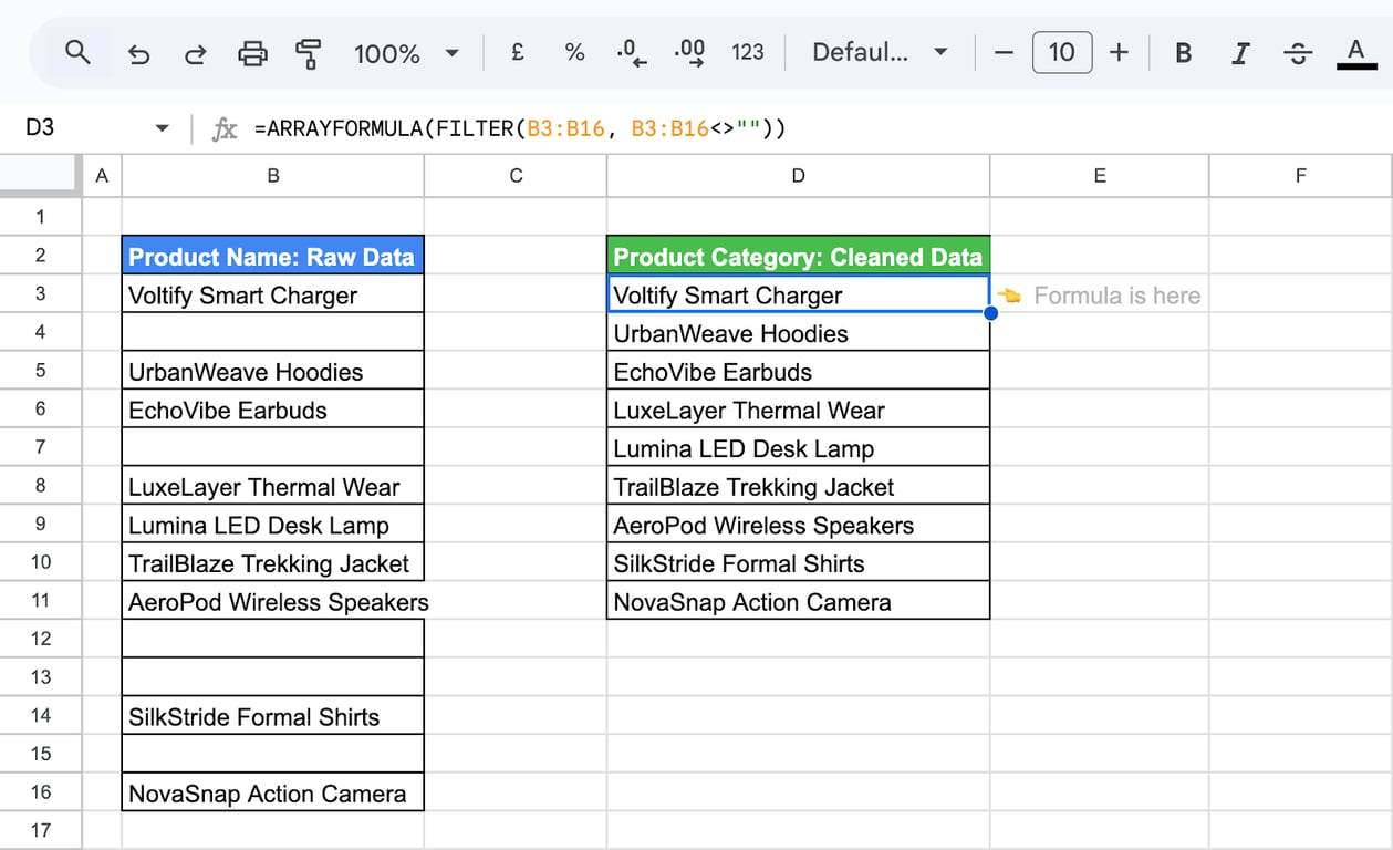 Using ARRAYFORMULA in Google Sheets to remove blank cells from data ranges efficiently. i-border