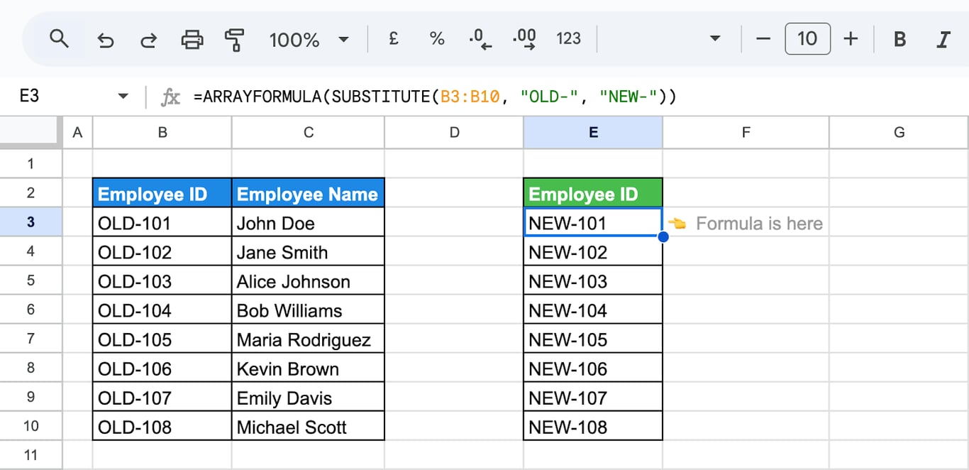 Using ARRAYFORMULA and SUBSTITUTE in Google Sheets to replace text across multiple cells. i-border
