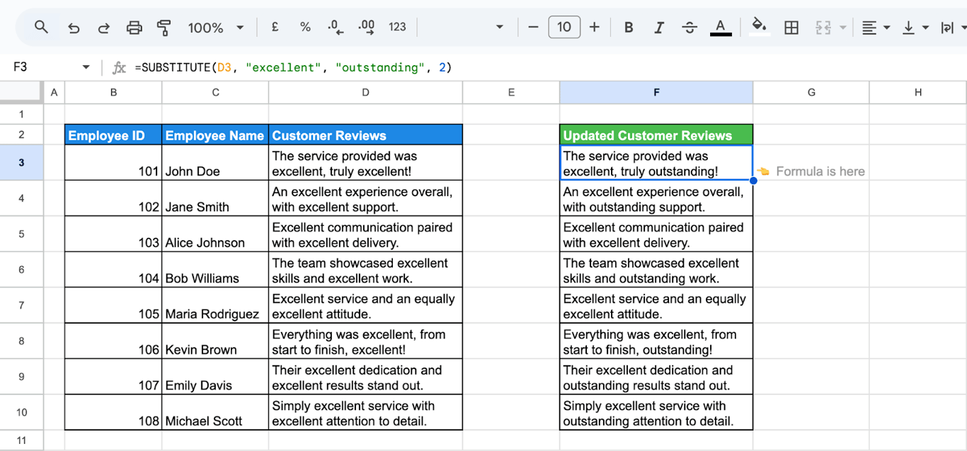 Replacing the second occurrence of the word “excellent” with “outstanding” in customer reviews using the SUBSTITUTE function in Google Sheets. i-border