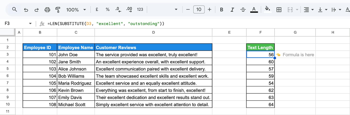 Calculating text length after replacing specific words using the LEN and SUBSTITUTE functions in Google Sheets. i-border