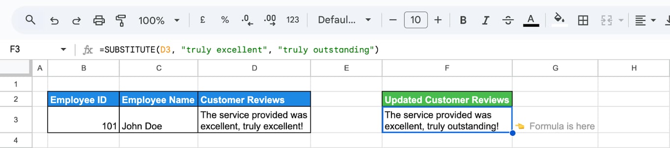 Updating a phrase in customer reviews to improve clarity using the SUBSTITUTE function in Google Sheets. i-border