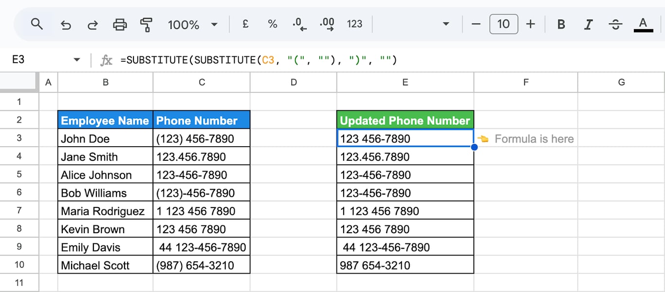 Standardizing phone numbers by removing unwanted characters using nested SUBSTITUTE functions in Google Sheets. i-border