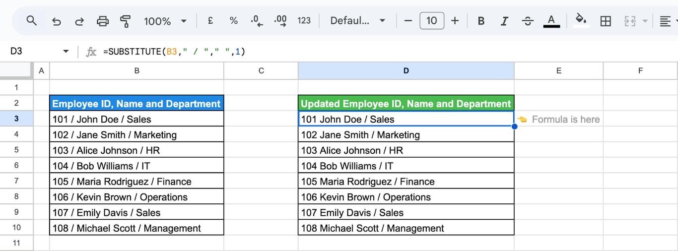 Replacing only the first slash in text strings with spaces using the SUBSTITUTE function in Google Sheets. i-border