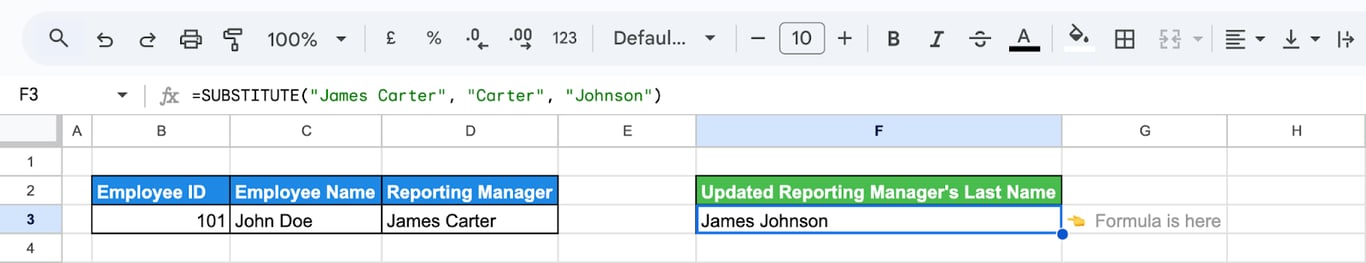 Using the SUBSTITUTE function in Google Sheets to replace the last name in a text string. i-border