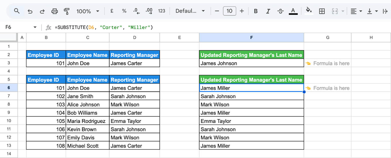 Using the SUBSTITUTE function with a cell reference in Google Sheets to replace a specific last name in a column. i-border