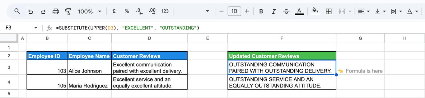 Combining SUBSTITUTE and UPPER functions in Google Sheets to replace text and standardize text to uppercase. i-border