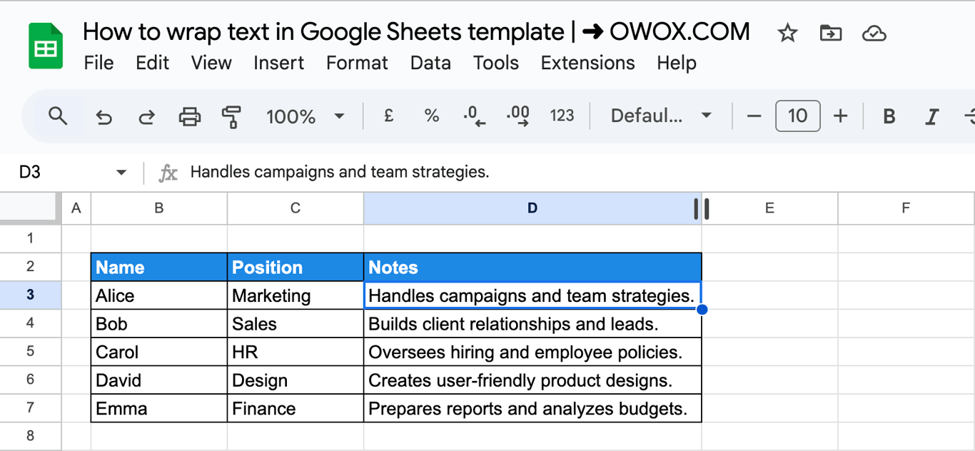 Adjusting the column boundary in Google Sheets to resize and fit wrapped text within the cells. i-border