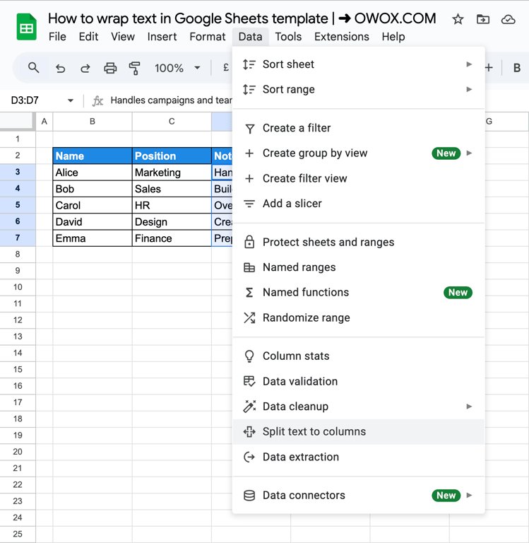 Selecting the Split Text to Columns option from the Data menu in Google Sheets to wrap text. i-border