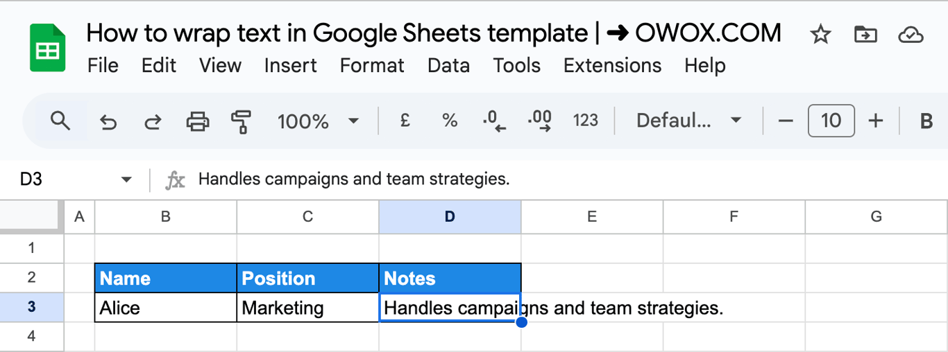 Selecting the cell in Google Sheets to apply text wrapping using a keyboard shortcut. i-border