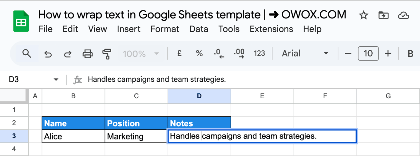 Inserting a line break in a cell using keyboard shortcuts to wrap text in Google Sheets. i-border