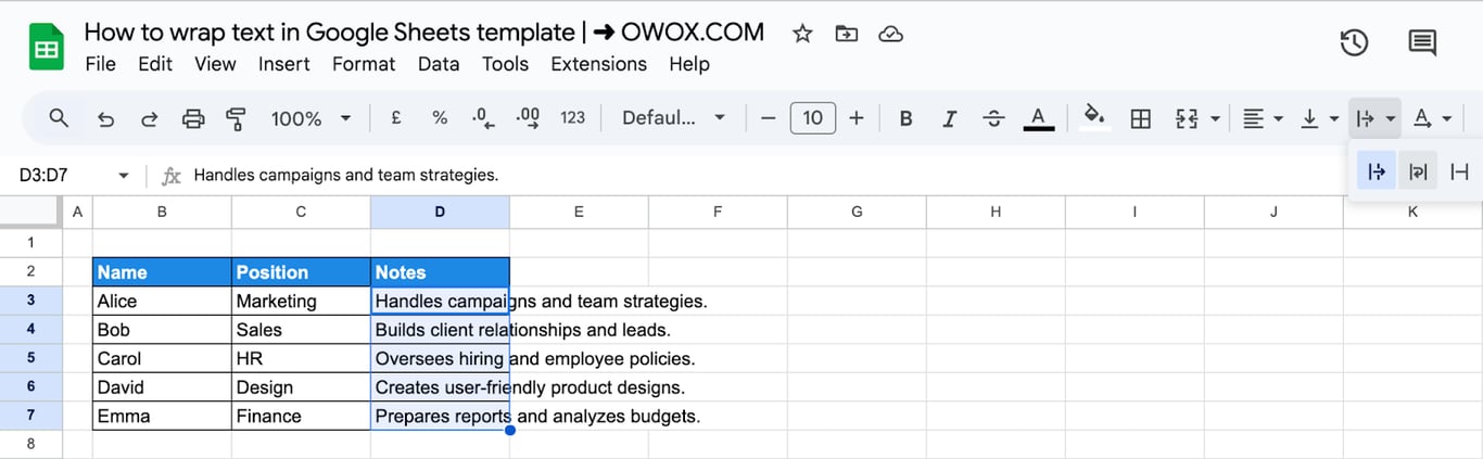 Clicking on the Text Wrapping icon in the toolbar of Google Sheets to access text formatting options. i-border