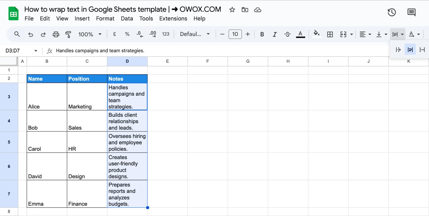 Selecting the Wrap option from the toolbar in Google Sheets to enable text wrapping for selected cells. i-border