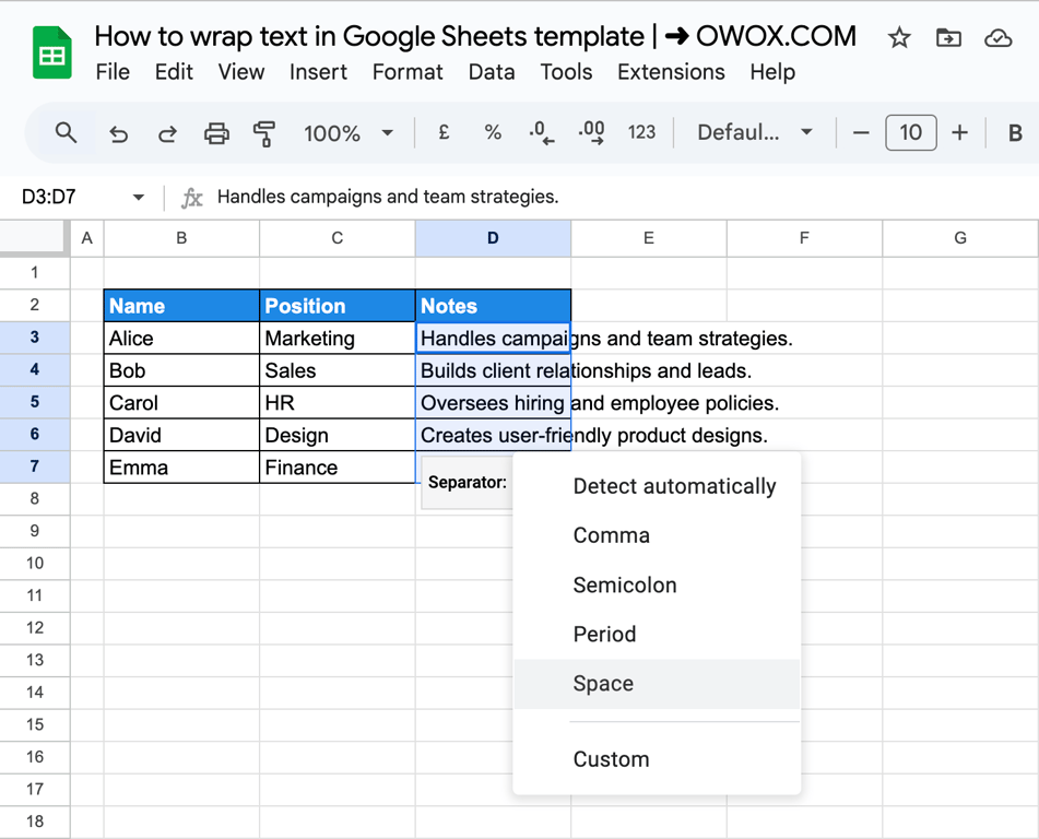 Picking a separator to split text into columns in Google Sheets to wrap text. i-border
