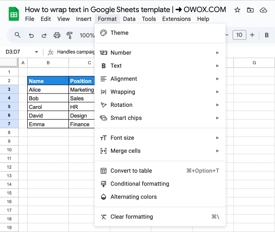 Opening the Format menu in Google Sheets to access text wrapping options. i-border