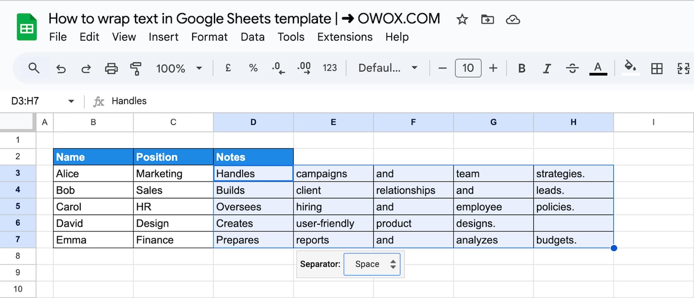 Showing text split into multiple columns using the Text to Columns feature in Google Sheets for wrapping text. i-border