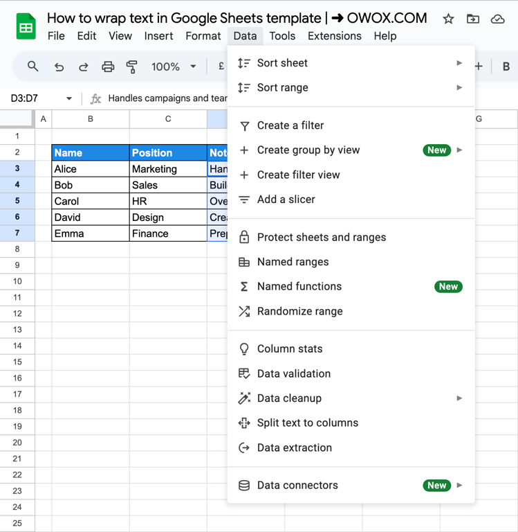 Opening the Data menu in Google Sheets to access the Split Text to Columns option to wrap text. i-border