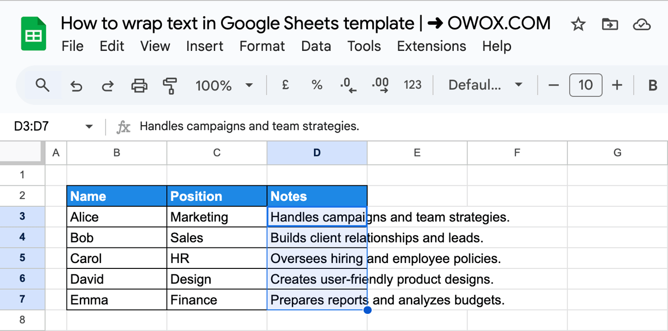 Highlighting cells with text to be split into columns using the Text to Columns feature in Google Sheets to wrap text. i-border