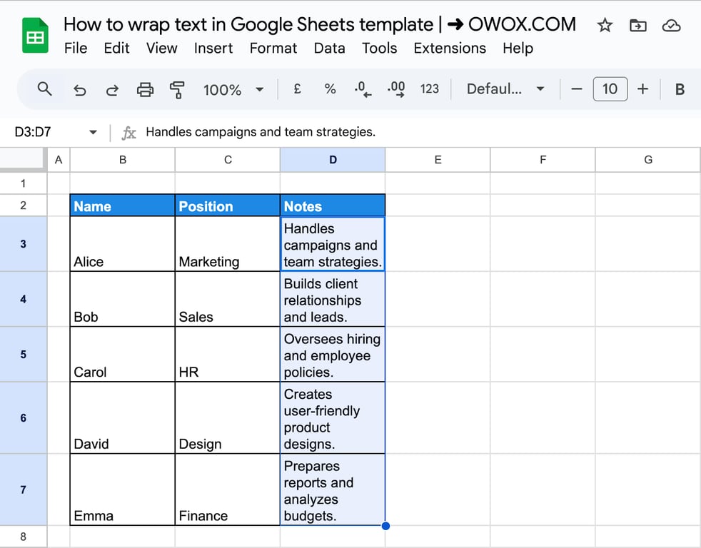 Applying the Wrap option in Google Sheets to format selected cells with neatly wrapped text. i-border