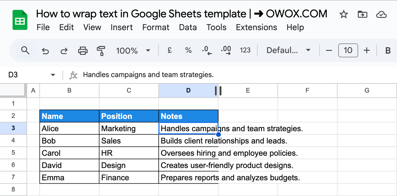 Placing the cursor on the column header boundary in Google Sheets to activate the resizing icon for text wrapping. i-border