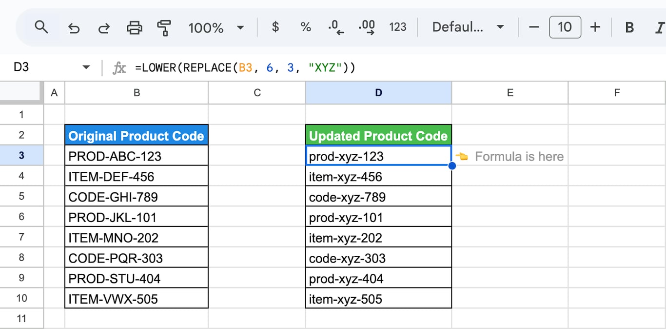 Using the REPLACE function wrapped in LOWER in Google Sheets to create lowercase product codes with updated segments. i-border