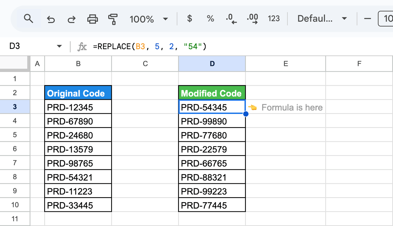 Using the REPLACE function in Google Sheets to create updated product codes by replacing two middle digits. i-border