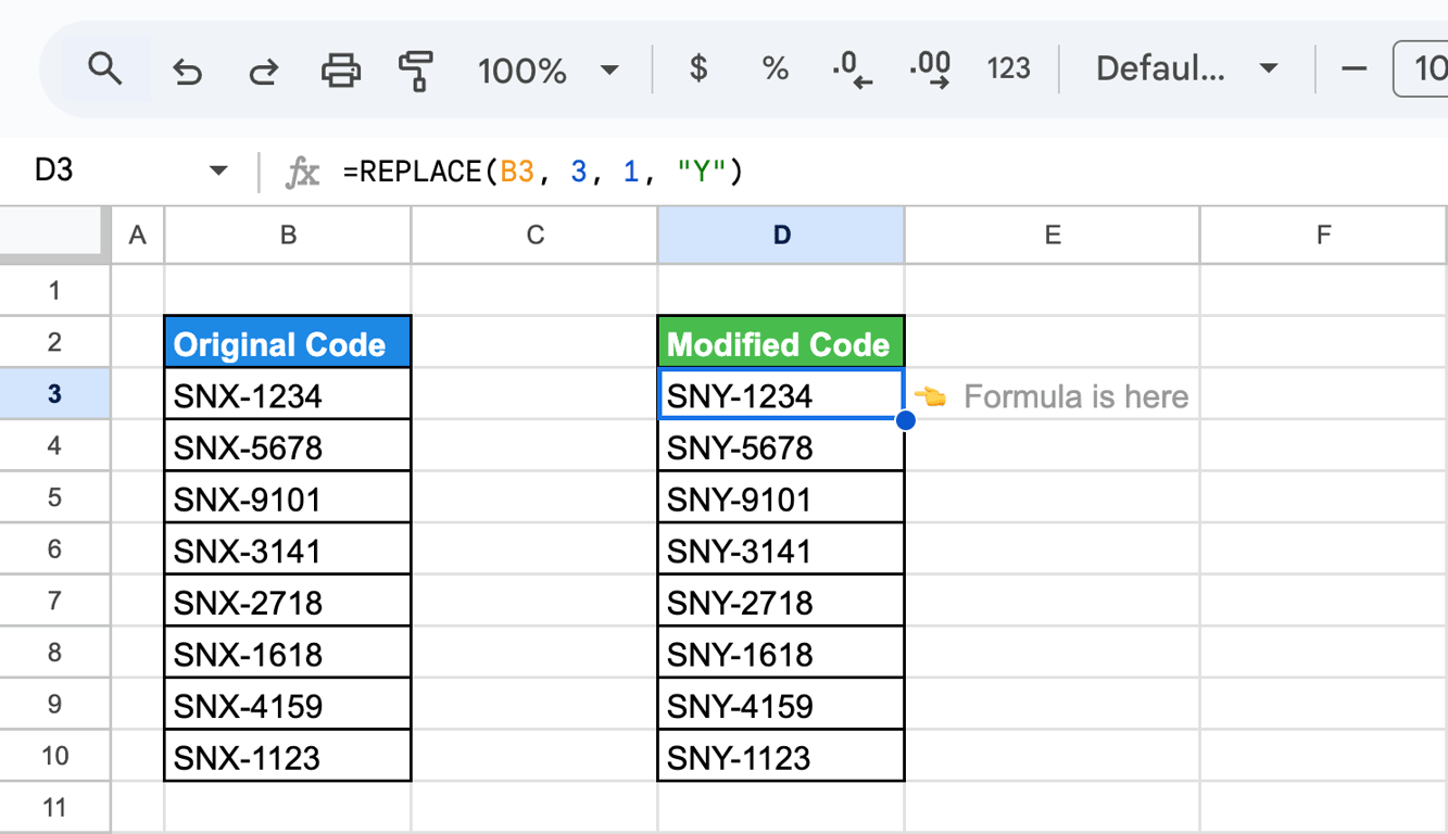 Applying the REPLACE function in Google Sheets to create new item codes by changing one character in the prefix. i-border