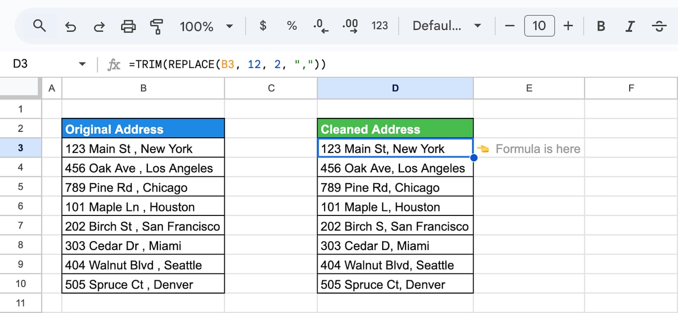 Using the REPLACE with TRIM  in Google Sheets to create cleaner address values by adjusting spacing. i-border