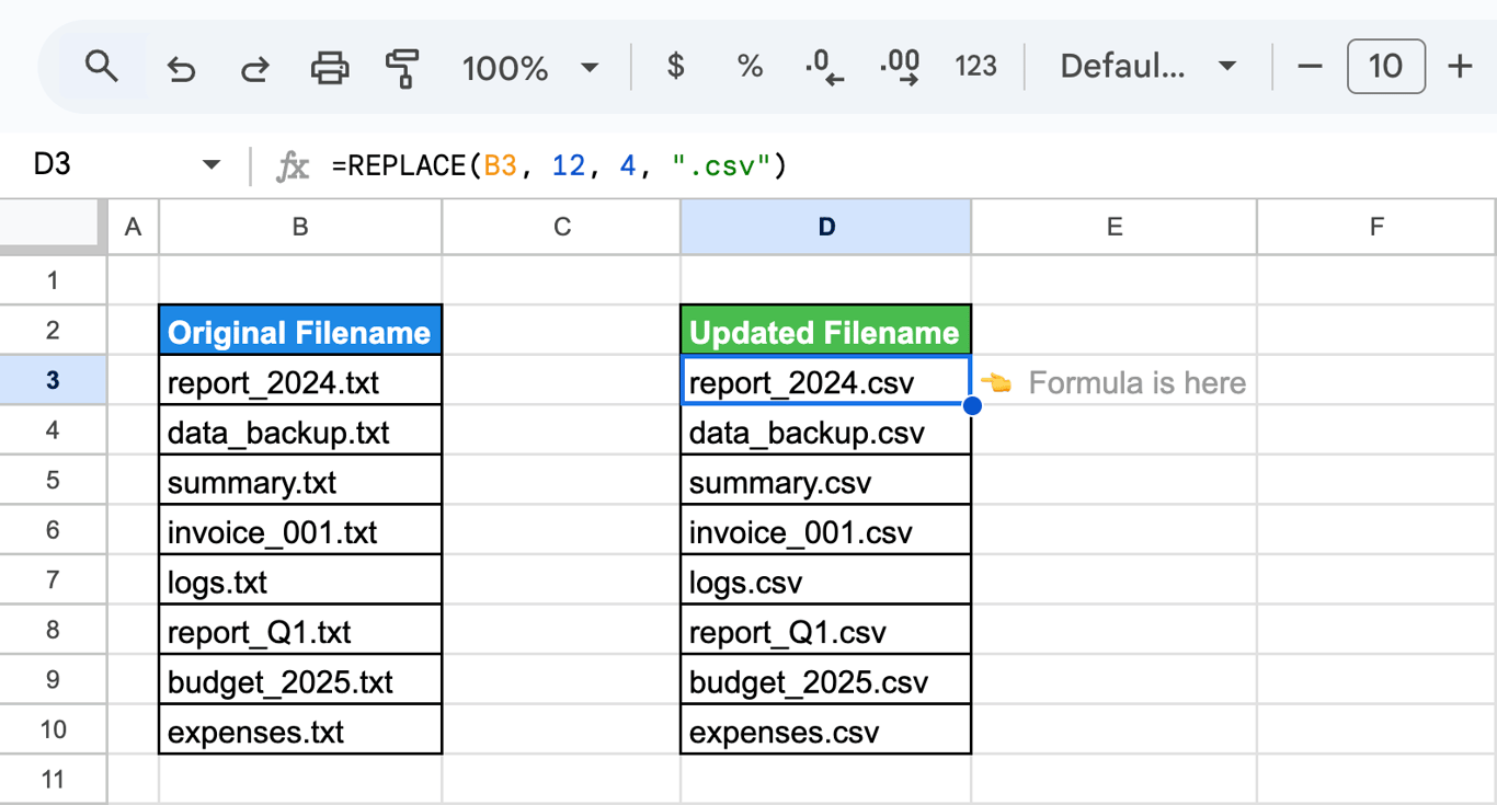 Using the REPLACE function in Google Sheets to create updated filenames by converting .txt to .csv. i-border