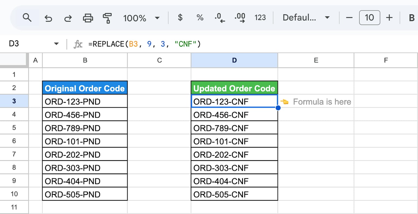 Applying the REPLACE function in Google Sheets to create updated order codes by changing the status suffix. i-border