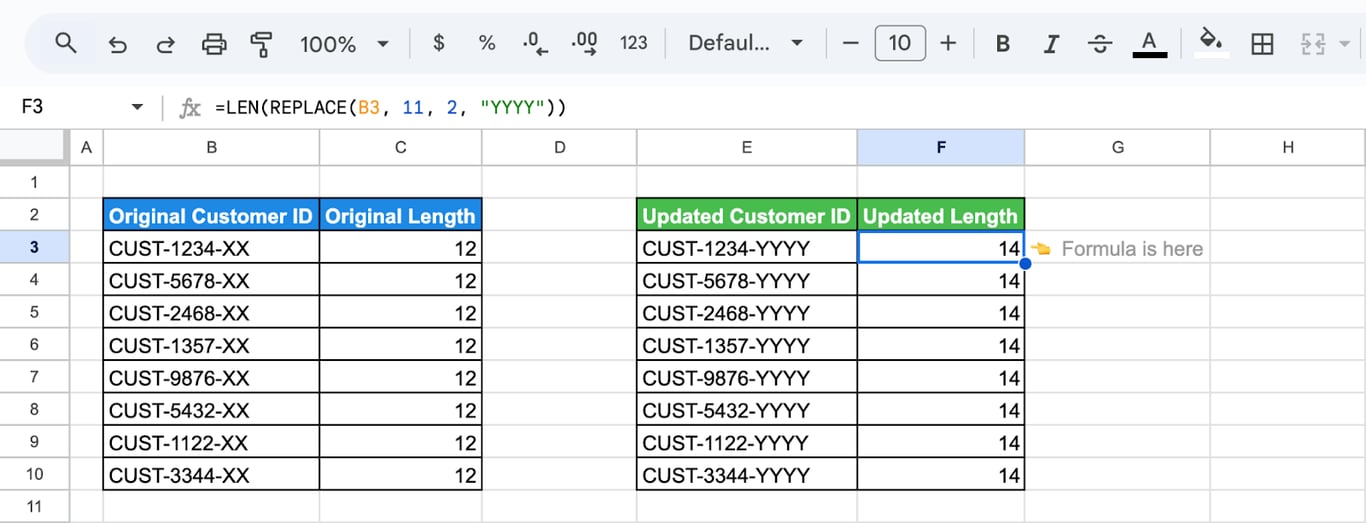 Applying the REPLACE with LEN in Google Sheets to create updated customer IDs and reflect changes in text length. i-border
