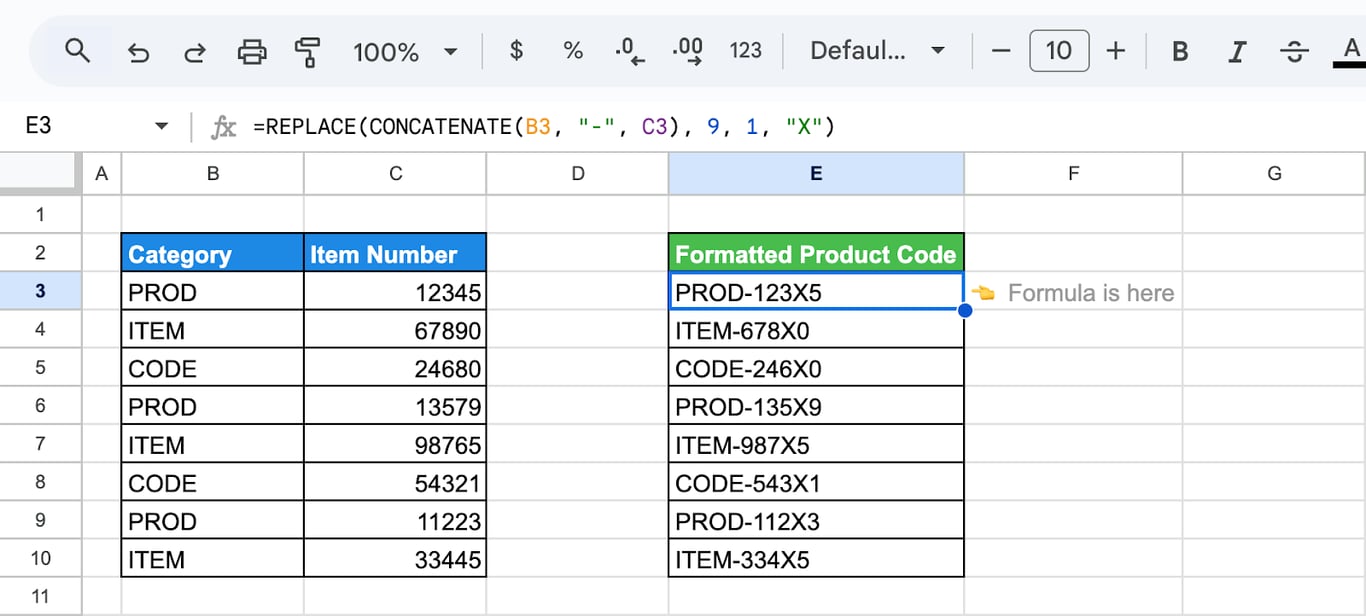 Applying CONCATENATE and REPLACE in Google Sheets to create formatted product codes with inserted characters. i-border