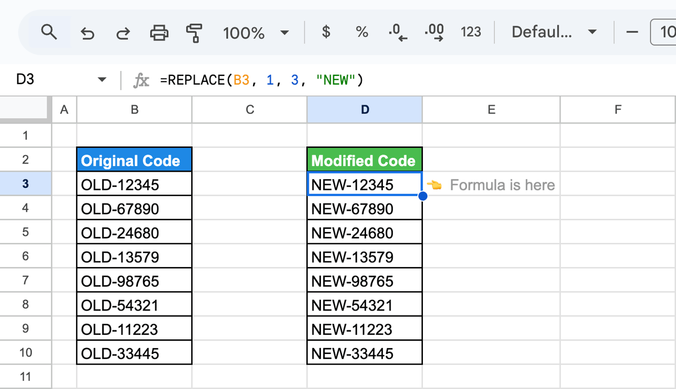Leveraging the REPLACE function in Google Sheets to create a NEW prefix by replacing OLD in each code. i-border