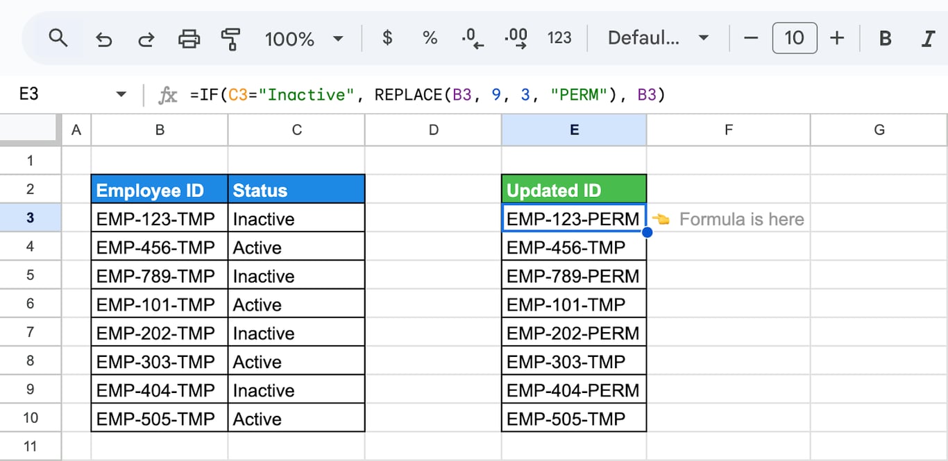 Using IF with the REPLACE function in Google Sheets to create conditional updates based on employee status. i-border