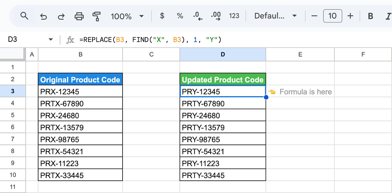 Applying FIND and REPLACE functions in Google Sheets to create modified product codes by changing specific characters. i-border