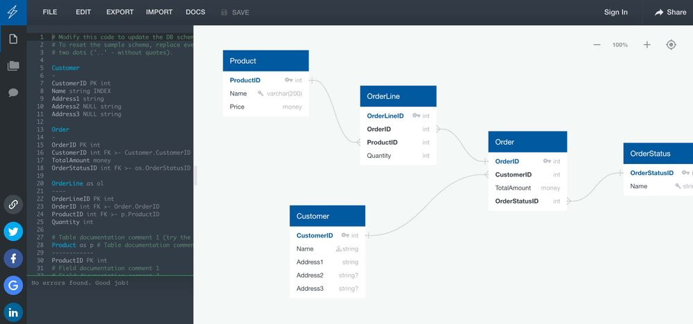 	QuickDBD interface showing product, order, and customer table connections. i-shadow