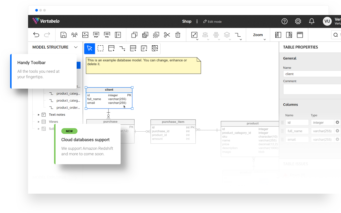 Vertabelo interface displaying a client table with related entities and detailed table properties.