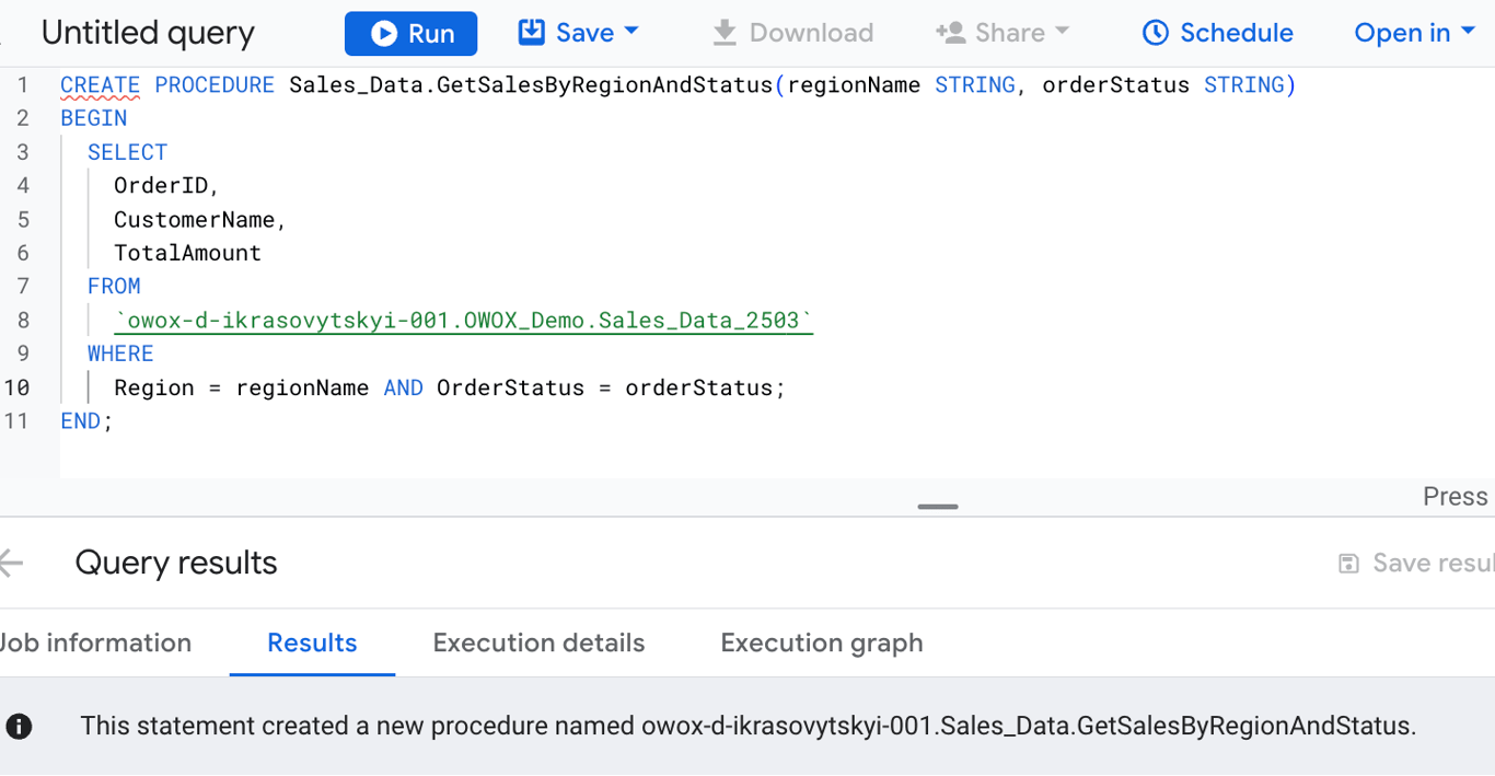 SQL stored procedure in BigQuery for retrieving sales data based on region and order status using two input parameters. i-shadow