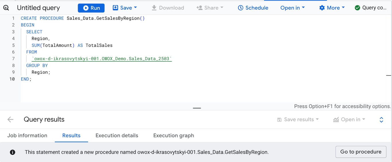 Creation of a stored procedure in BigQuery to calculate total sales grouped by region using the Sales_Data. i-shadow