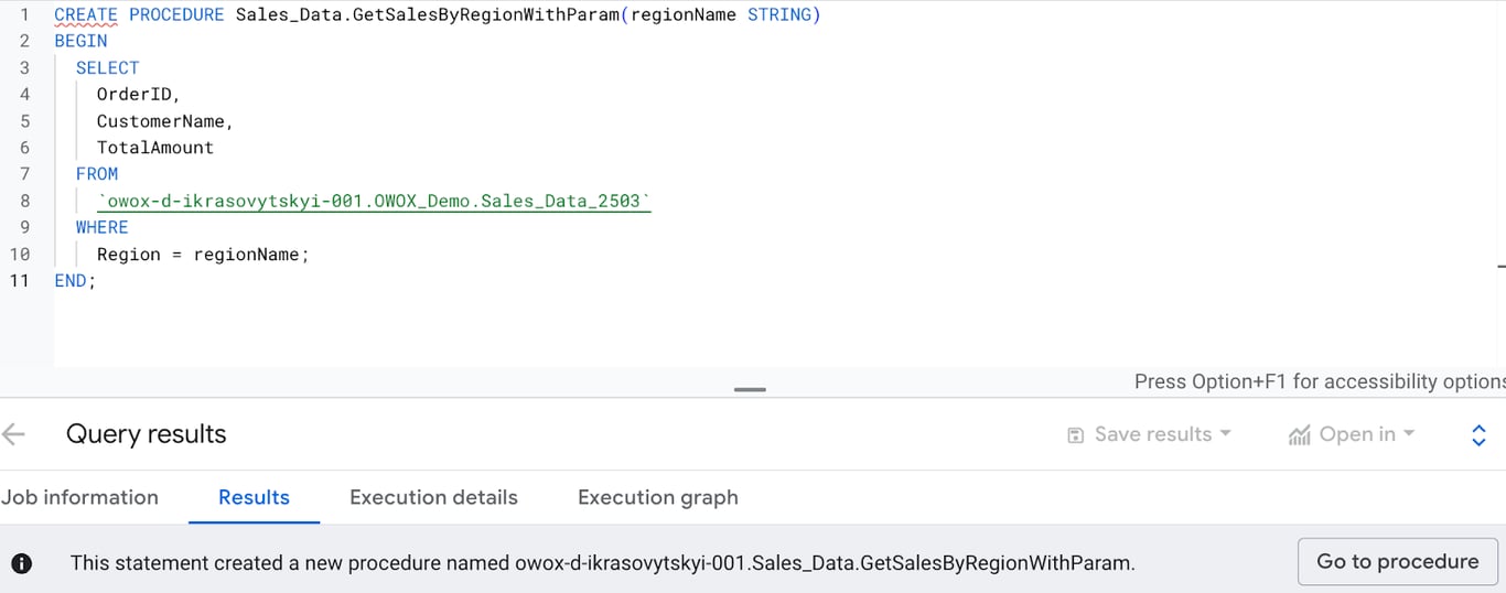 BigQuery stored procedure example to filter sales data by region using the Sales_Data and a parameter for region. i-shadow