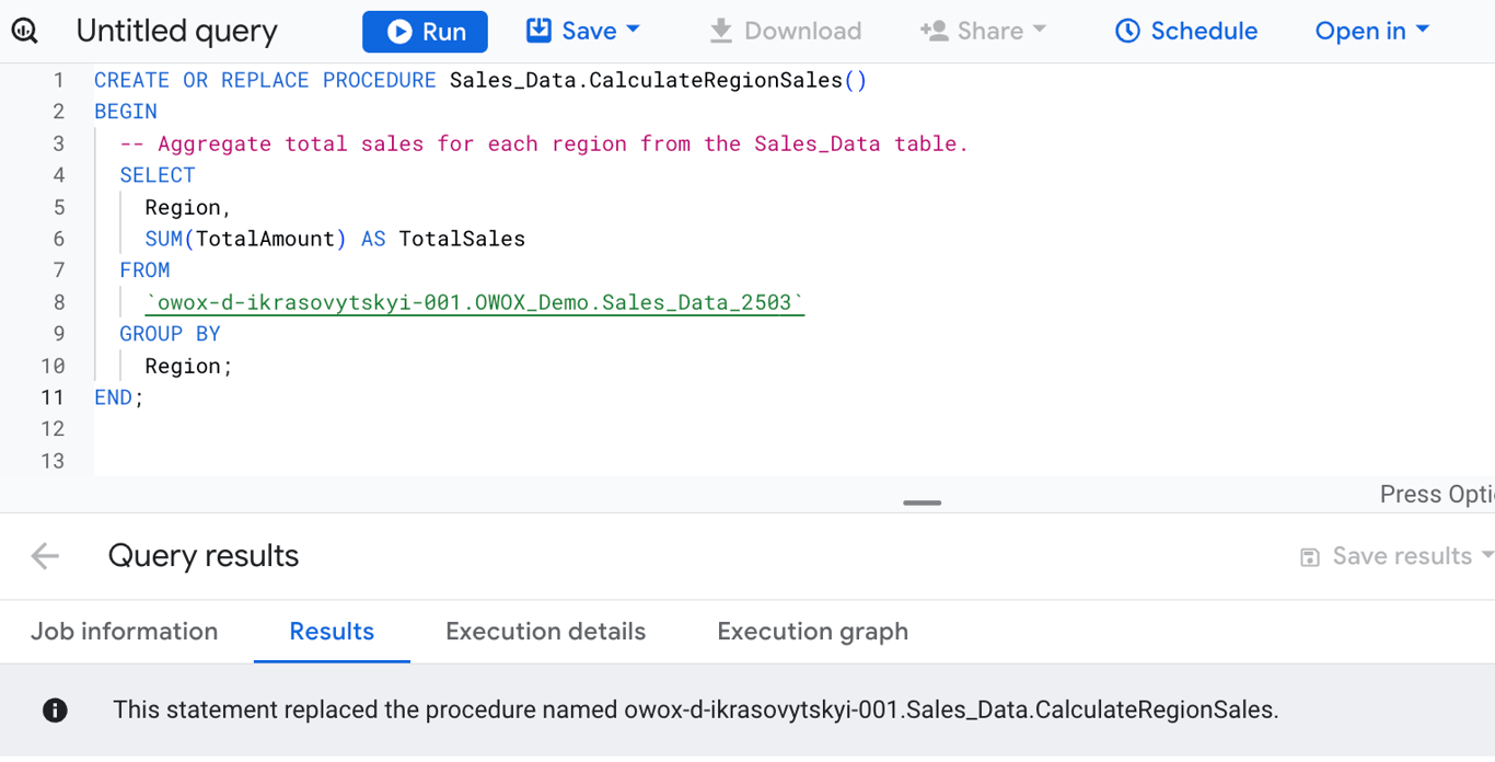 SQL code example for creating a stored procedure in BigQuery to calculate total sales by region using the Sales_Data. i-shadow