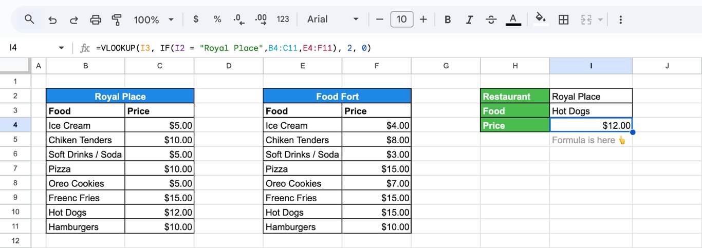 Output showing how IF switches lookup ranges for VLOOKUP based on a condition. i-border