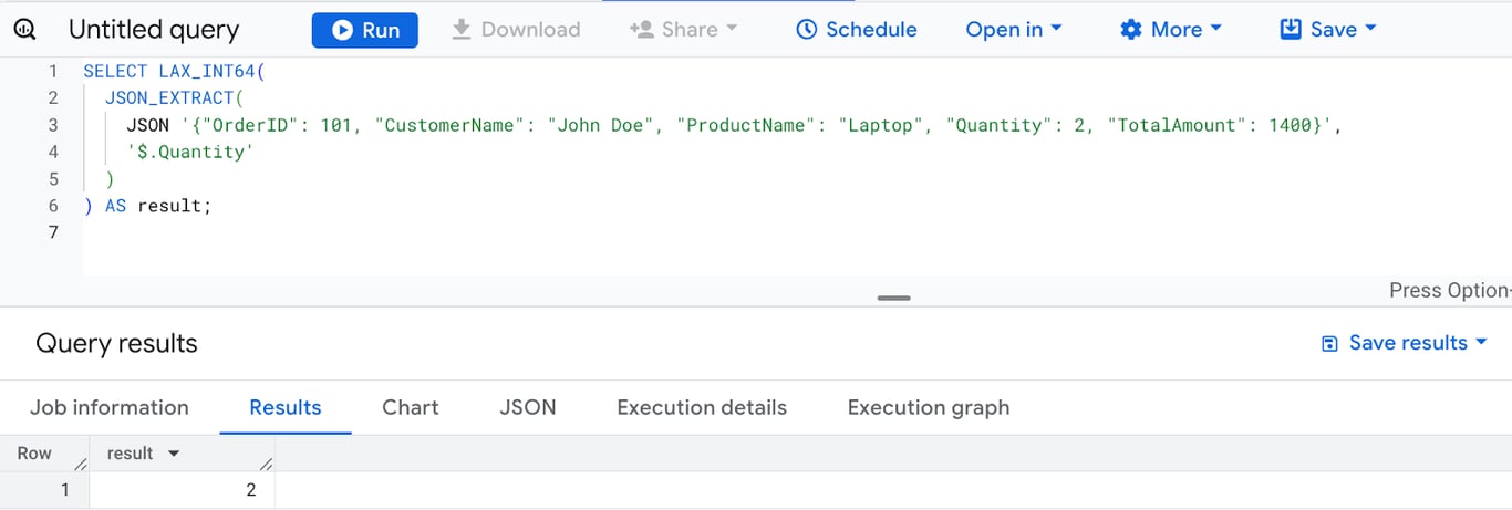Converting the Quantity field from a JSON object to an INT64 value using the LAX_INT64 function in BigQuery. i-shadow