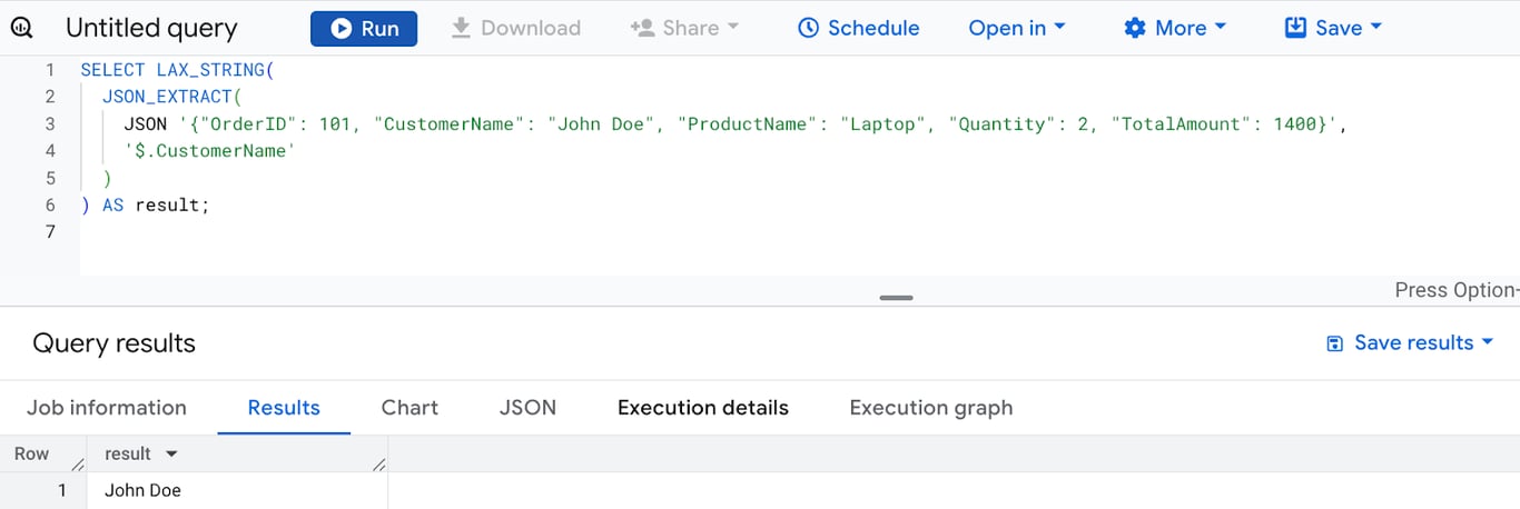 Converting the ProductName field from a JSON object to a SQL string using the LAX_STRING function in BigQuery. i-shadow