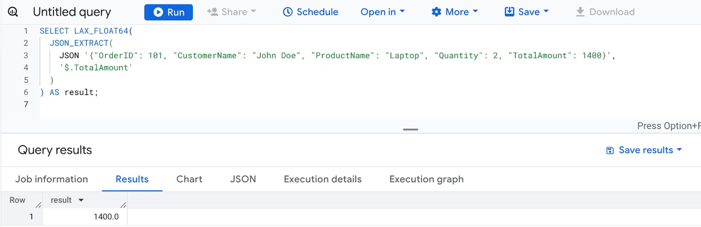 Converting the TotalAmount field from a JSON object to a FLOAT64 value using the LAX_FLOAT64 function in BigQuery. i-shadow