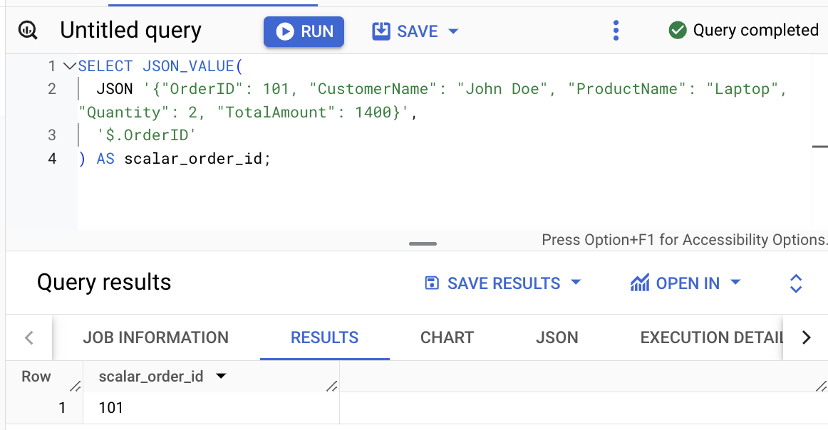 Extracting the scalar OrderID value from a JSON string with the JSON_VALUE function in BigQuery. i-shadow